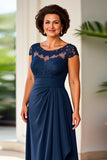 Navy Sheath Ruched Illusion Neck Long Mother of the Bride Dress