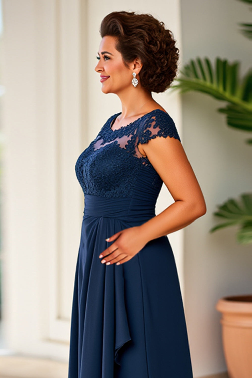 Navy Sheath Ruched Illusion Neck Long Mother of the Bride Dress