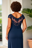 Navy Sheath Ruched Illusion Neck Long Mother of the Bride Dress