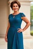 Ink Blue Sheath Chiffon Boat Neck Long Mother of the Bride Dress