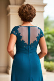 Ink Blue Sheath Chiffon Boat Neck Long Mother of the Bride Dress
