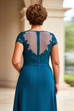 Ink Blue Sheath Chiffon Boat Neck Long Mother of the Bride Dress
