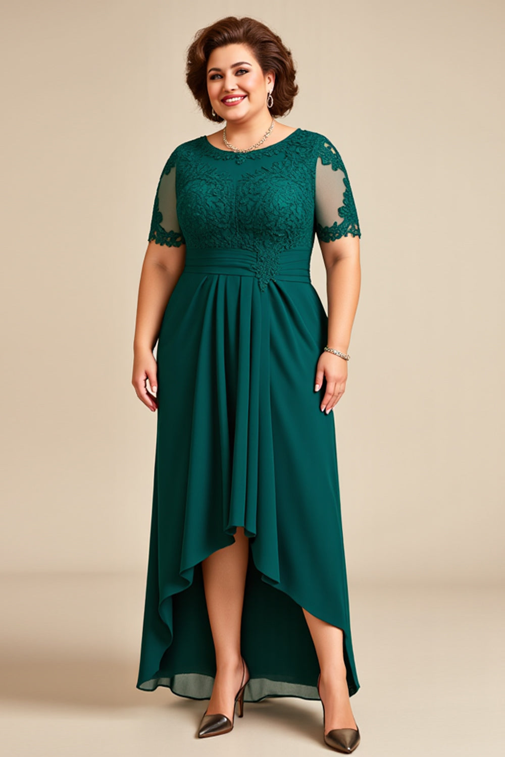 Pine Appliqued Chiffon High-Low Mother of the Bride Dress