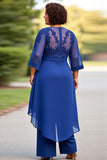 Royal Blue Appliqued Scoop Chiffon Jumpsuit with 3/4 Sleeves
