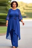 Royal Blue Appliqued Scoop Chiffon Jumpsuit with 3/4 Sleeves