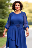 Royal Blue Appliqued Scoop Chiffon Jumpsuit with 3/4 Sleeves