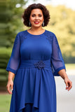 Royal Blue Appliqued Scoop Chiffon Jumpsuit with 3/4 Sleeves