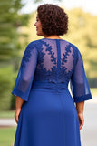 Royal Blue Appliqued Scoop Chiffon Jumpsuit with 3/4 Sleeves