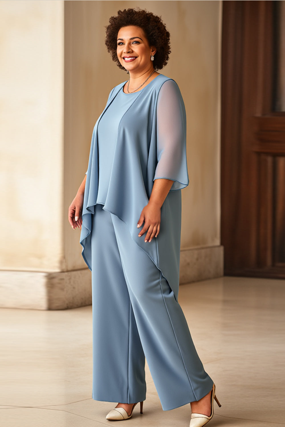 Dusty Blue Chiffon Jumpsuit Mother of the Bride Dress with 3/4 Sleeves