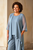 Dusty Blue Chiffon Jumpsuit Mother of the Bride Dress with 3/4 Sleeves