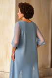 Dusty Blue Chiffon Jumpsuit Mother of the Bride Dress with 3/4 Sleeves