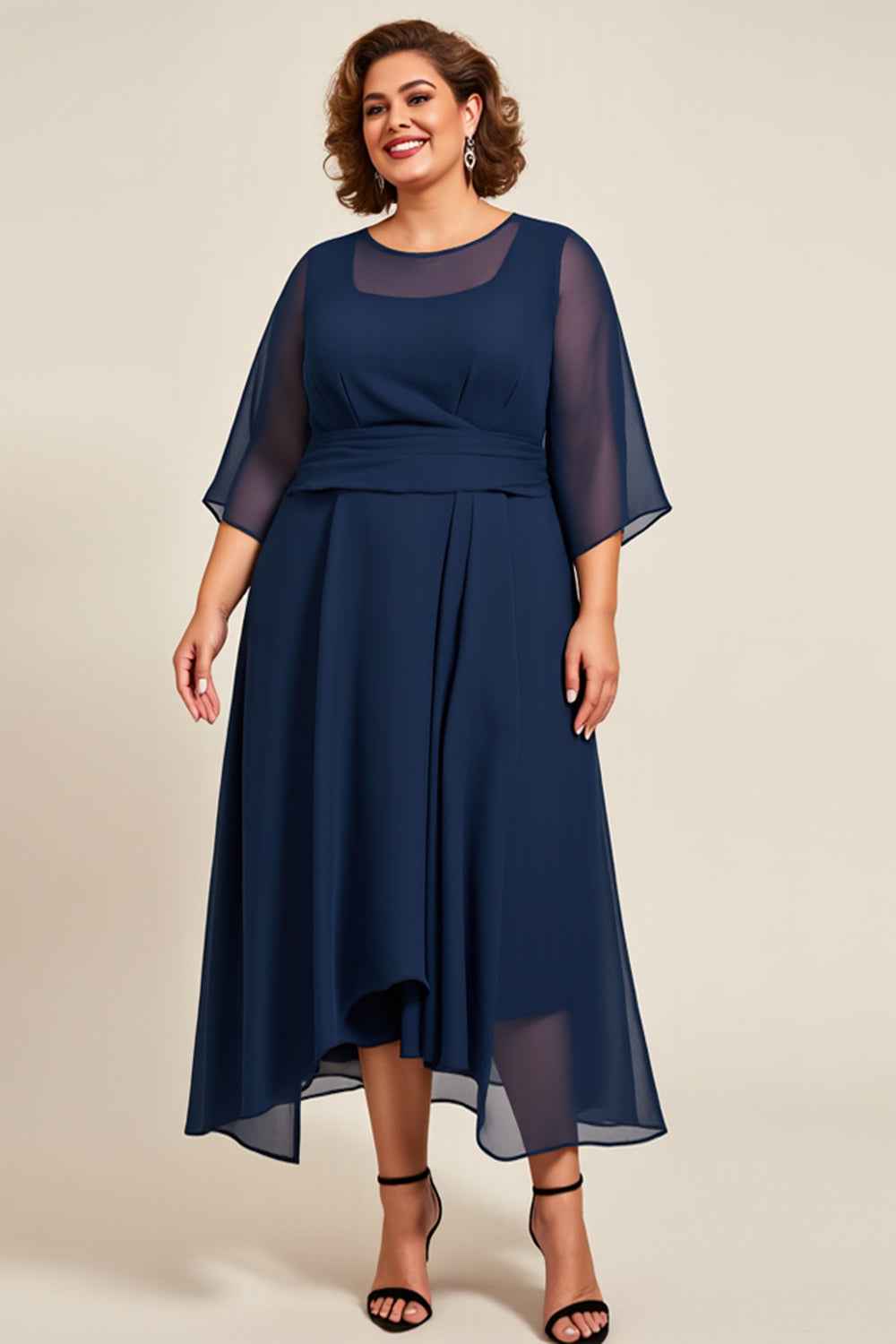 Navy A Line Chiffon Plus Size Long Mother of the Bride Dress
