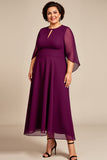 A Line Purple Keyhole Chiffon Mother of the Bride Dress with Sleeves