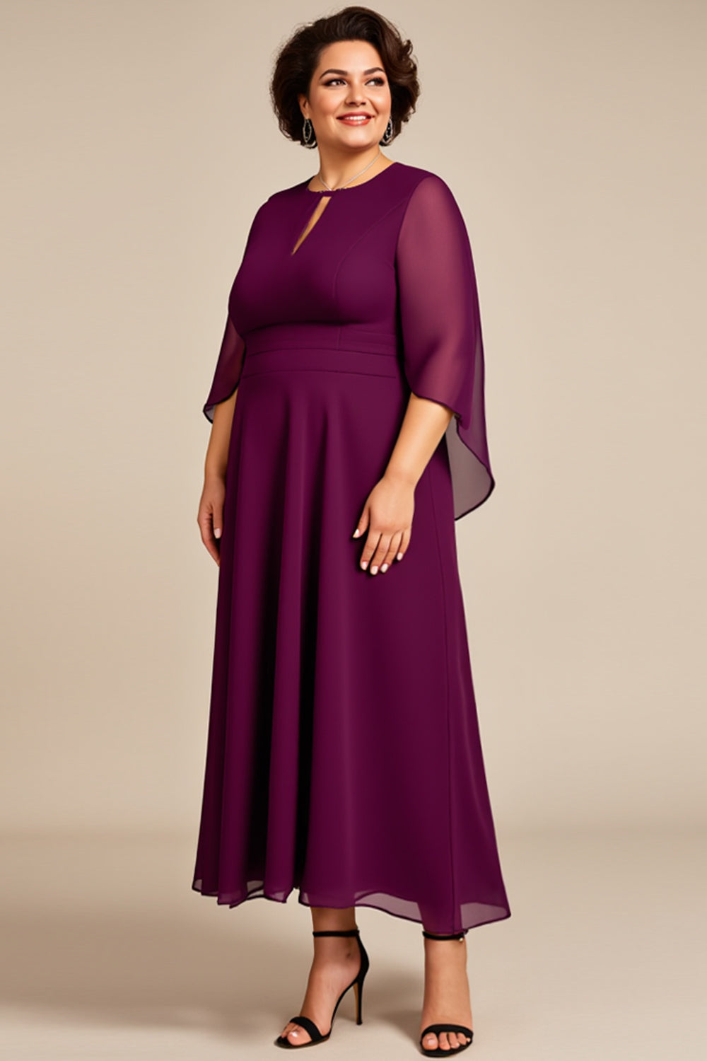 A Line Purple Keyhole Chiffon Mother of the Bride Dress with Sleeves