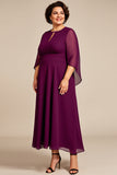 A Line Purple Keyhole Chiffon Mother of the Bride Dress with Sleeves