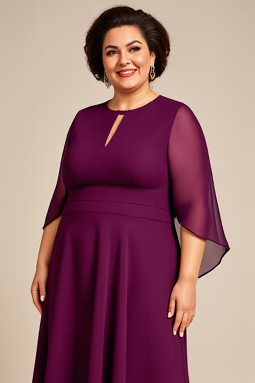 A Line Purple Keyhole Chiffon Mother of the Bride Dress with Sleeves