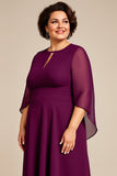 A Line Purple Keyhole Chiffon Mother of the Bride Dress with Sleeves