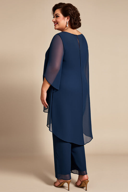 Navy Chiffon Scoop 2 Piece Jumpsuit with Short Sleeves
