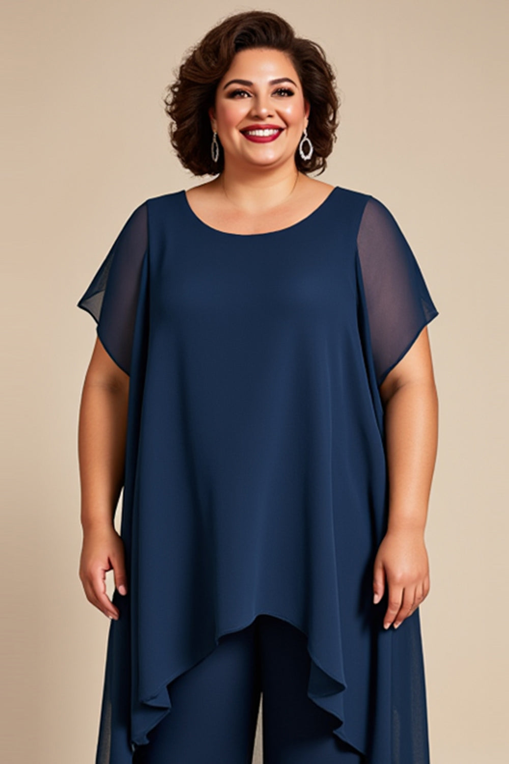 Navy Chiffon Scoop 2 Piece Jumpsuit with Short Sleeves