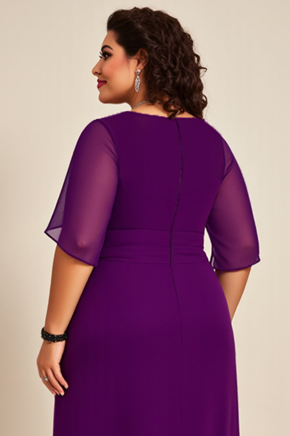 Purple Pleated A Line Chiffon Mother of the Bride Dress with Sleeves