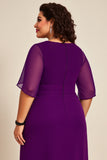 Purple Pleated A Line Chiffon Mother of the Bride Dress with Sleeves