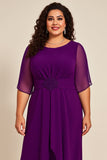 Purple Pleated A Line Chiffon Mother of the Bride Dress with Sleeves
