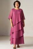 A Line Vintage Mauve Tiered Chiffon Mother of the Bride Dress