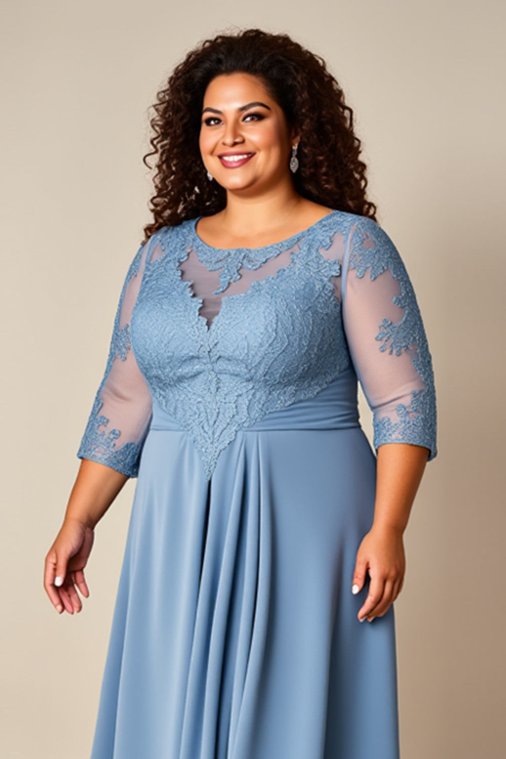 Dusty Blue Appliqued Lace Mother of the Bride Dress with Sleeves