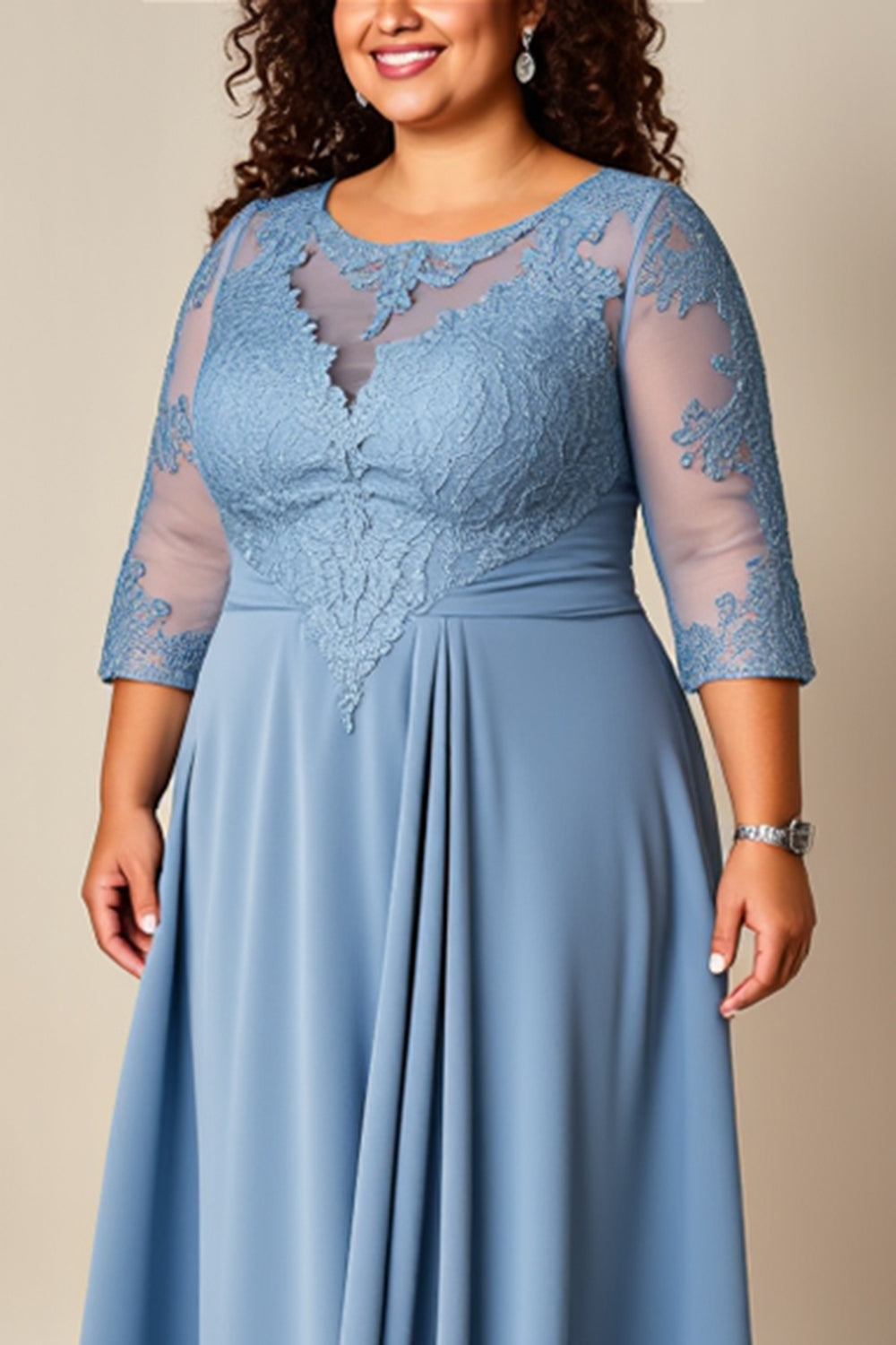 Dusty Blue Appliqued Lace Mother of the Bride Dress with Sleeves