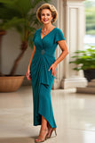 Peacock V Neck Long Sheath Mother of the Bride Dress with Short Sleeves