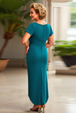 Peacock V Neck Long Sheath Mother of the Bride Dress with Short Sleeves