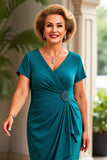 Peacock V Neck Long Sheath Mother of the Bride Dress with Short Sleeves