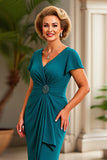 Peacock V Neck Long Sheath Mother of the Bride Dress with Short Sleeves