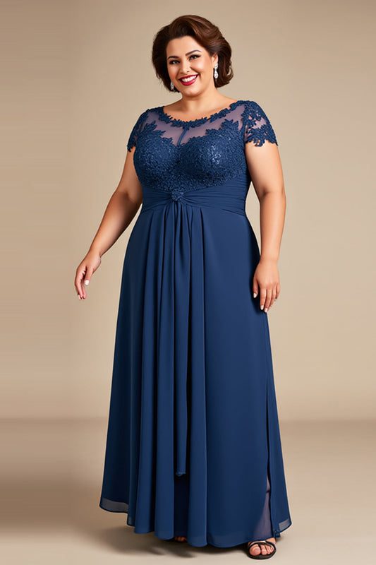 Navy Illusion Neck Plus Size Long Mother of the Bride Dress with Lace