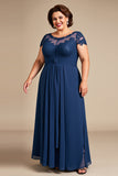 Navy Illusion Neck Plus Size Long Mother of the Bride Dress with Lace