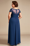 Navy Illusion Neck Plus Size Long Mother of the Bride Dress with Lace