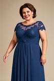 Navy Illusion Neck Plus Size Long Mother of the Bride Dress with Lace