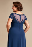 Navy Illusion Neck Plus Size Long Mother of the Bride Dress with Lace