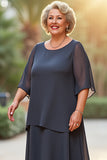 Steel Grey Scoop A Line Long Chiffon Mother of the Bride Dress
