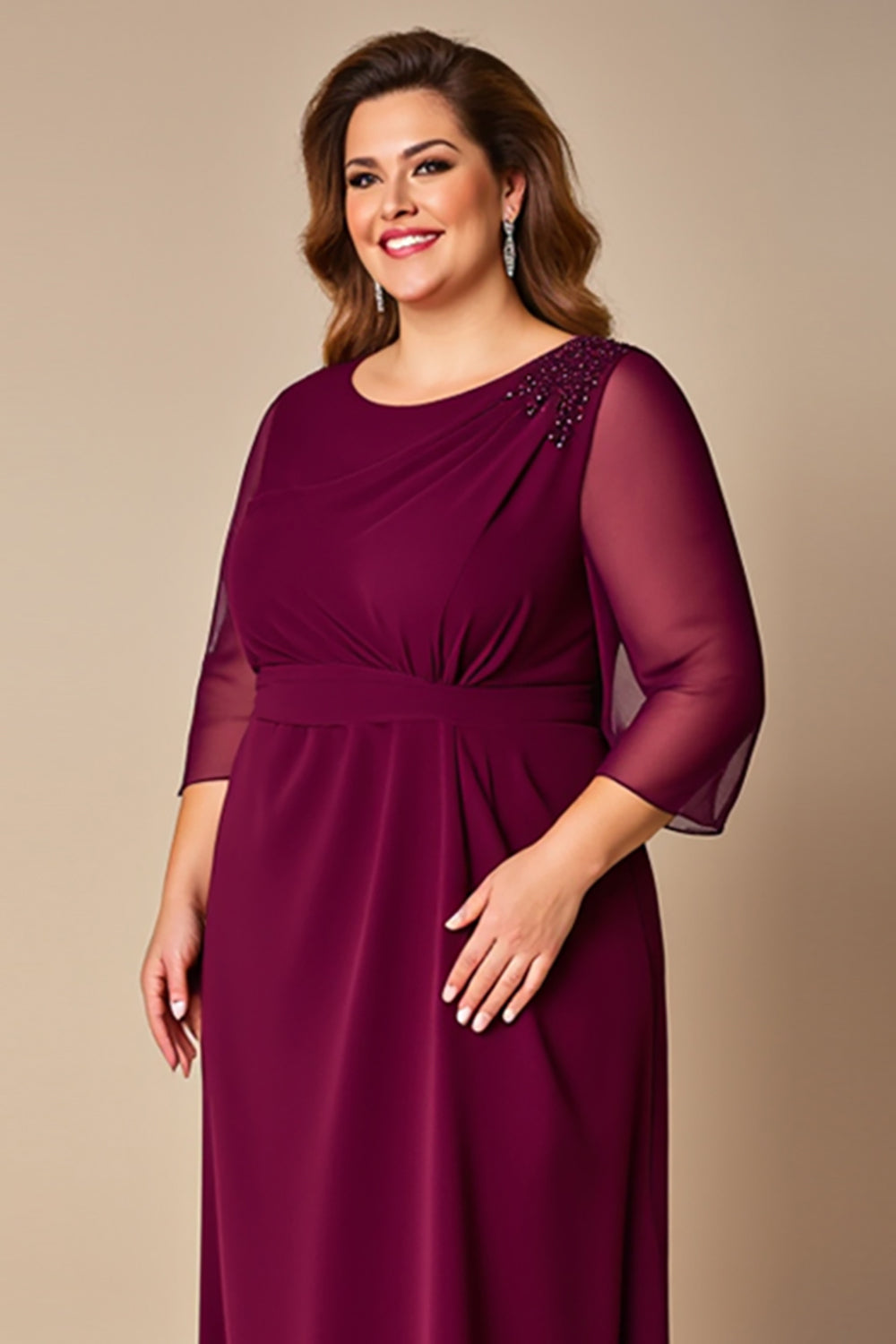 Burgundy Plus Size A Line Long Mother of the Bride Dress with Sleeves