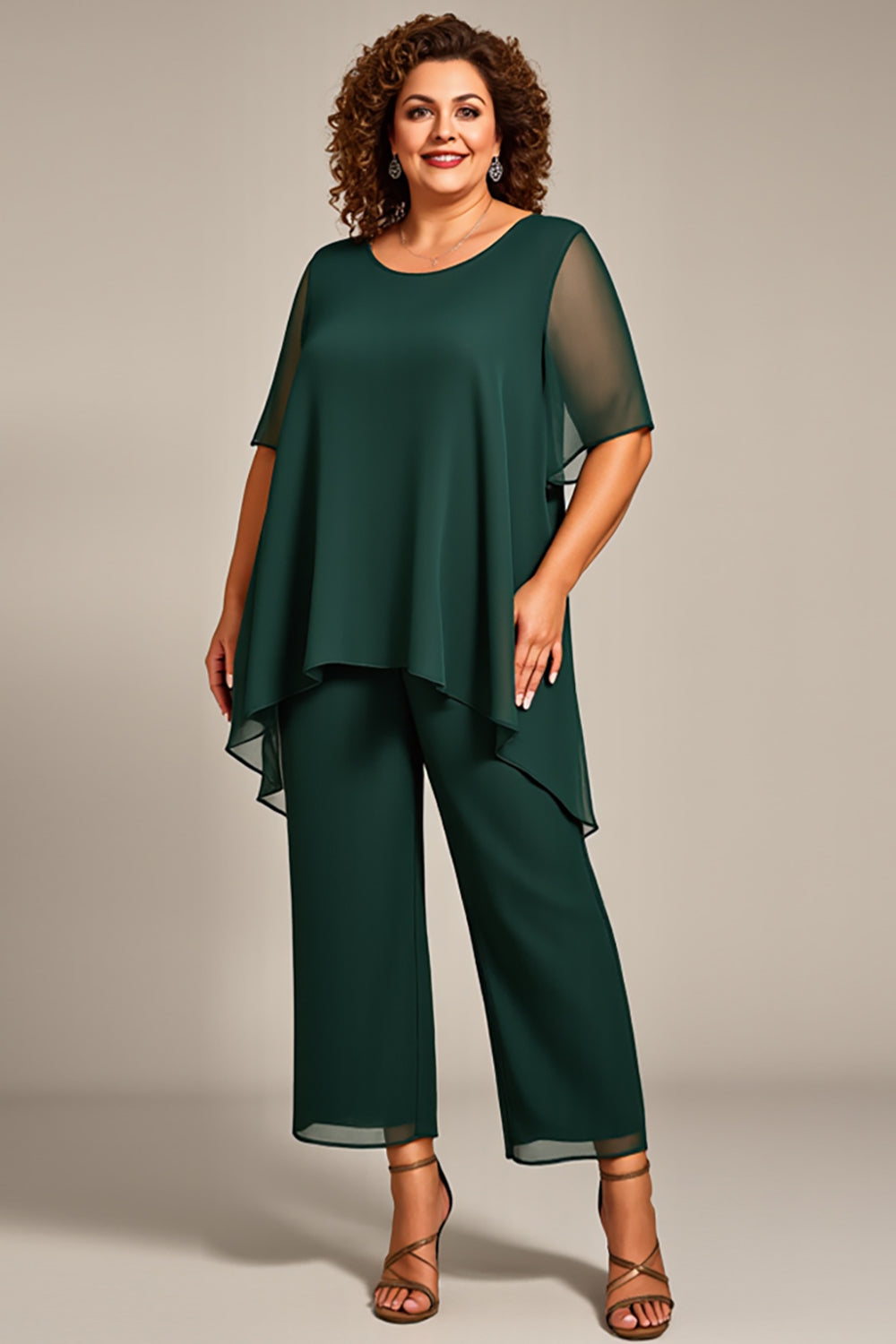 Pine Chiffon Round Neck Long Mother of the Bride Pantsuit with Sleeves