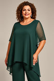Pine Chiffon Round Neck Long Mother of the Bride Pantsuit with Sleeves