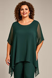 Pine Chiffon Round Neck Long Mother of the Bride Pantsuit with Sleeves