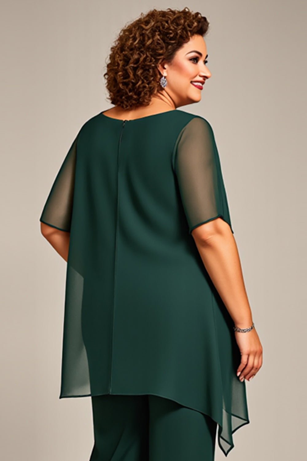 Pine Chiffon Round Neck Long Mother of the Bride Pantsuit with Sleeves
