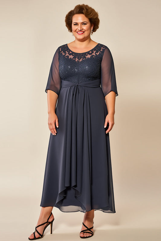 Steel Grey Illusion Boat Neck Chiffon Long Mother of the Bride Dress