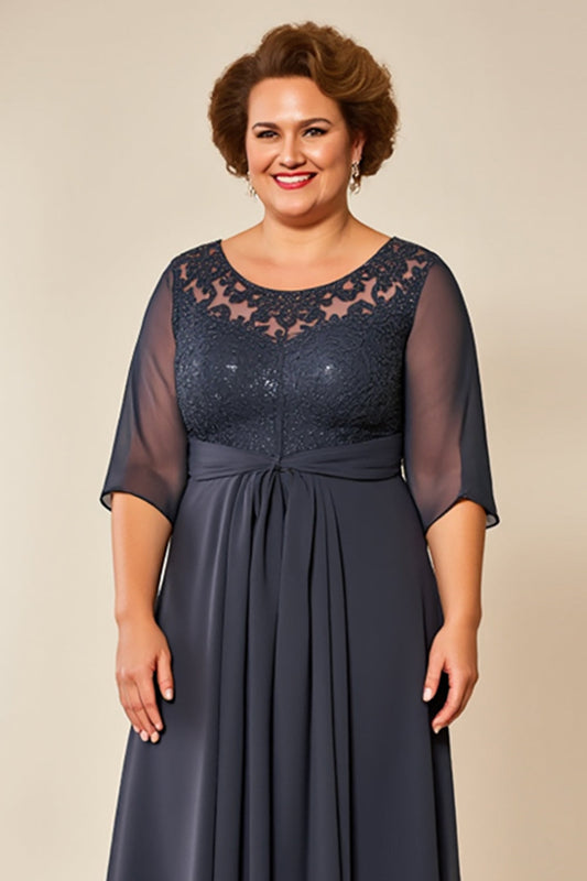 Steel Grey Illusion Boat Neck Chiffon Long Mother of the Bride Dress