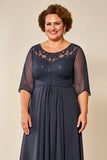 Steel Grey Illusion Boat Neck Chiffon Long Mother of the Bride Dress