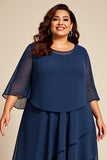 Navy Chiffon Scoop Neck Plus Size Long Mother of the Bride Dress