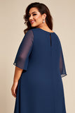 Navy Chiffon Scoop Neck Plus Size Long Mother of the Bride Dress
