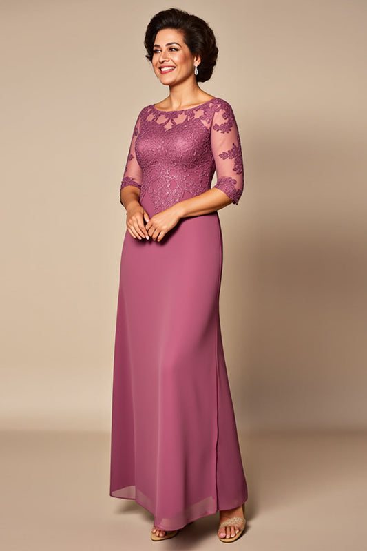 Desert Rose Chiffon Illusion Neck Long Mother of the Bride Dress with Sleeves